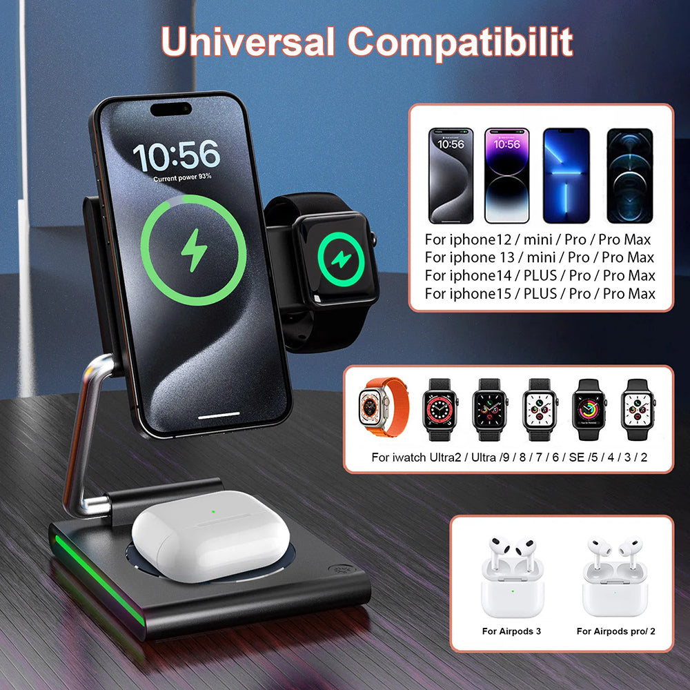WIWU Wi-W023 For iPhone 12-15 Series iWatch AirPods 3-in-1 Desktop Charging Stand 15W Phone Magnetic Wireless Charger WIWU Wi-W023 For iPhone 12-15 Series iWatch AirPods 3-in-1 Desktop Charging Stand 15W Phone Magnetic Wireless Charger